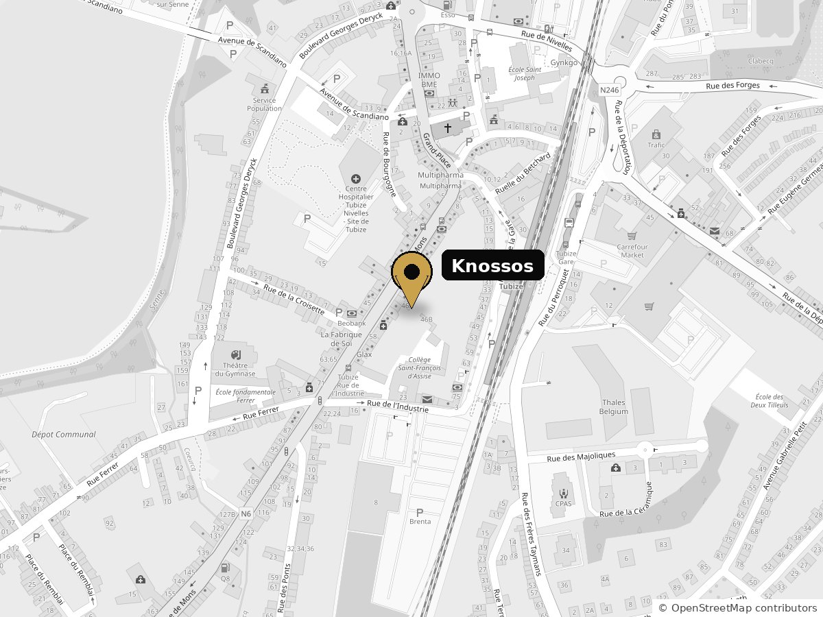 Plan d'accès du restaurant Knossos, rue de Mons 38 à Tubize, près de la gare